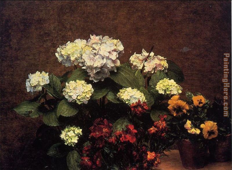 Hydrangias Cloves and Two Pots of Pansies painting - Henri Fantin-Latour Hydrangias Cloves and Two Pots of Pansies art painting